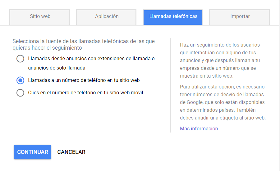 Creacion de la conversión de llamada en el sitio web