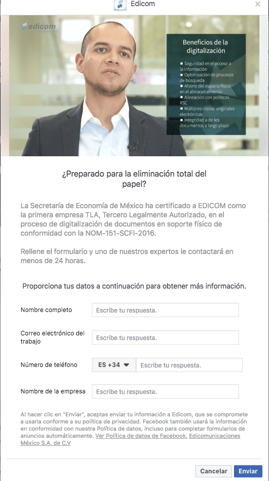 Formulario de Facebook Lead Ads desplegado