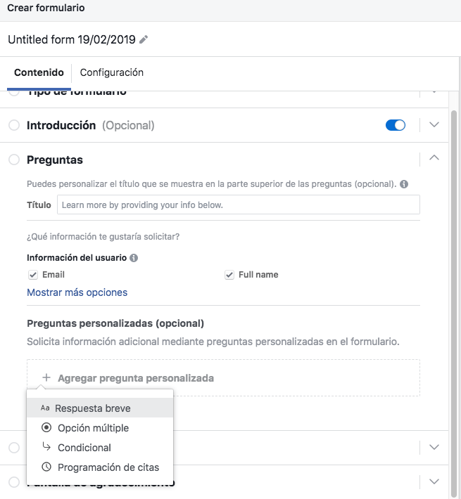 Opciones de preguntas personalizadas en Facebook Lead Ads 