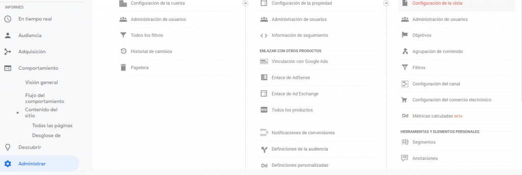 Configuración de la vista en Google Analytics