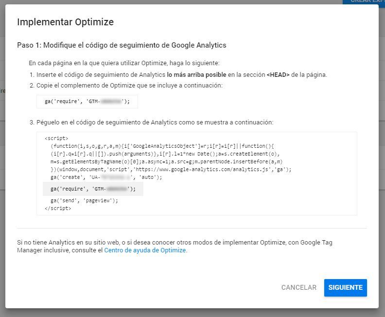 Fragmento de código de Google Optimize