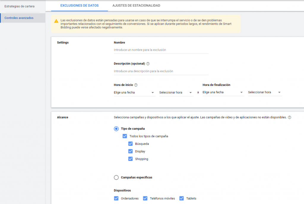 Configuración de la exclusión de datos en la estrategia de puja de Google Ads.