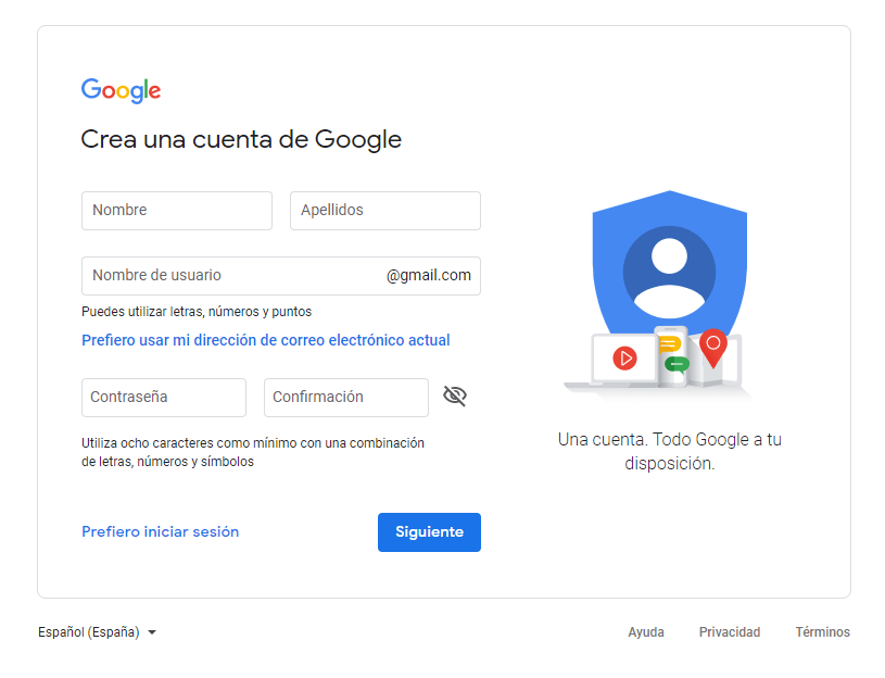 Formulario de registro de Google