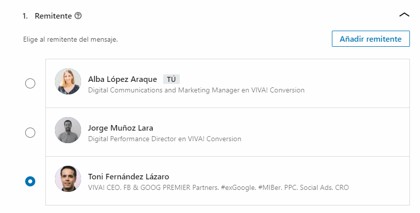 Remitente para un mensaje de InMail en LinkedIn
