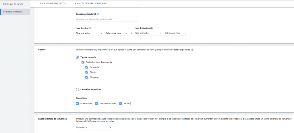 Configuración del ajuste de estacionalidad en la estrategia de puja de Google Ads.