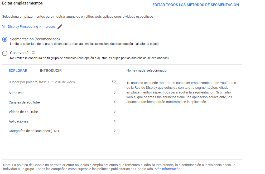 Emplazamientos de display en Google Ads
