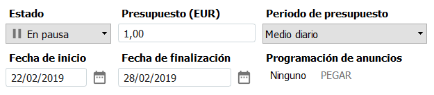 Estado, presupuesto, periodo, fecha de inicio y de finalización.