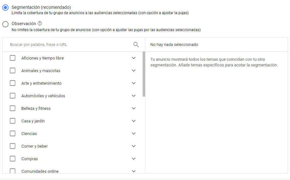 Temas para los anuncios de display en Google Ads