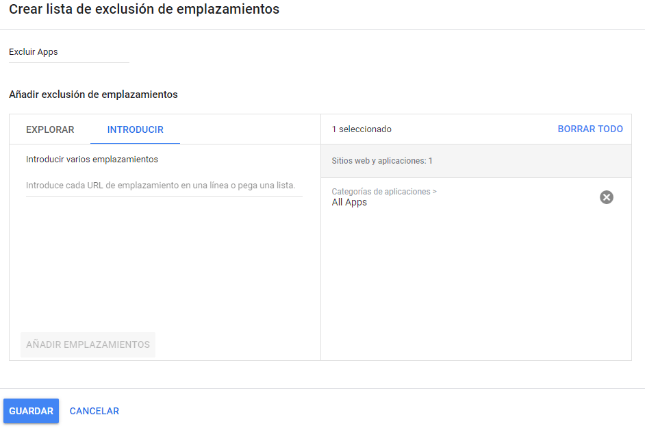 Lista de Exclusión de Emplazamientos para Apps