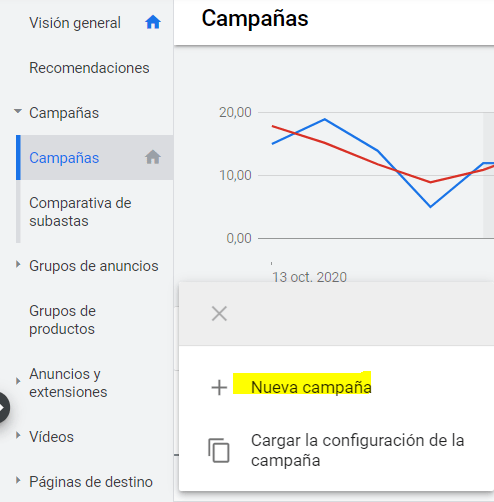 Interfaz de Google Ads para crear una campaña de vídeo