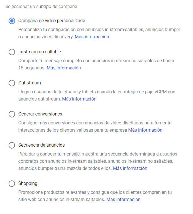 Selección del subtipo de campaña