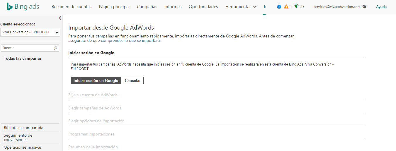 Importación Campañas de AdWords en Bing