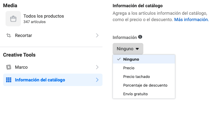 A través de las herramientas de creatividad de Facebook podemos añadir información del catálogo o un marco a la imagen del producto.
