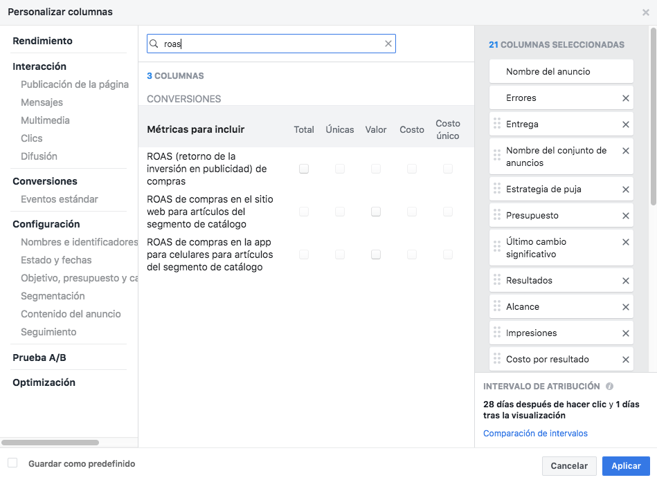Métricas de Facebook - ROAS
