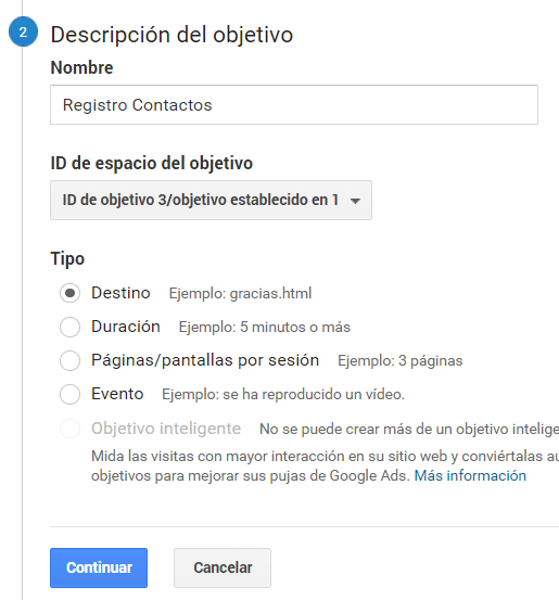 Crear Objtivo Analytics II
