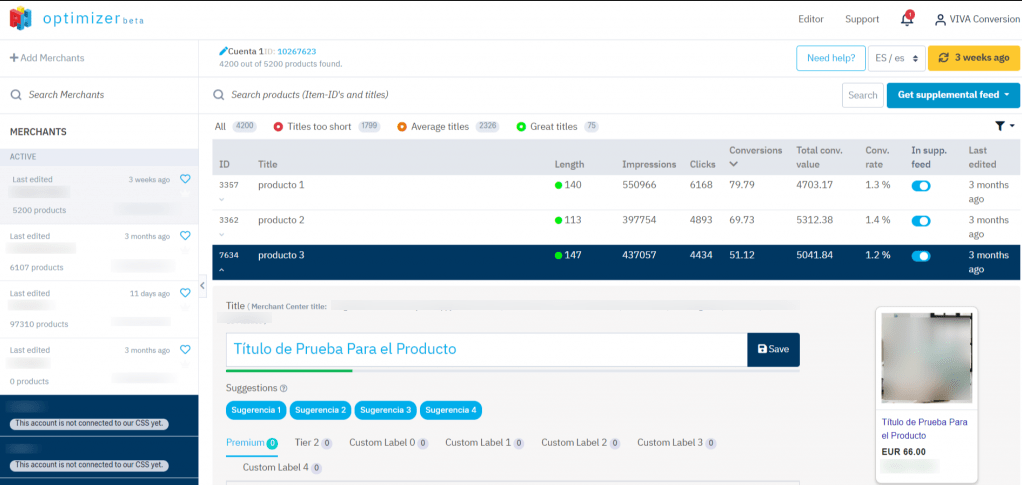 Interfaz de usuario de ProductHero Optimizer