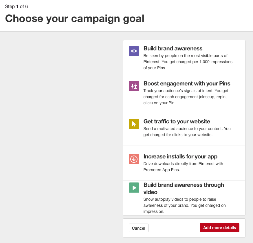 Selecciona un tipo de Campaña de Publicidad en Pinterest