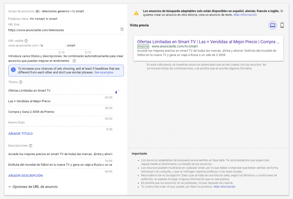 Copy de los anuncios adaptables de búsqueda.