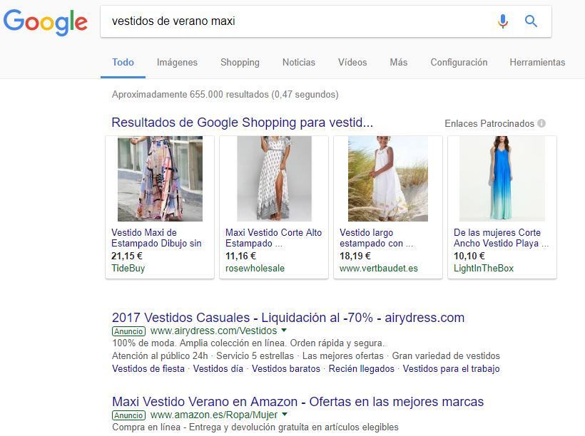 Resultados Shopping parte superior de la pagína