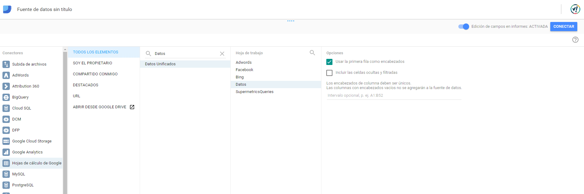 Importar Spreadsheets en Google Data Studio