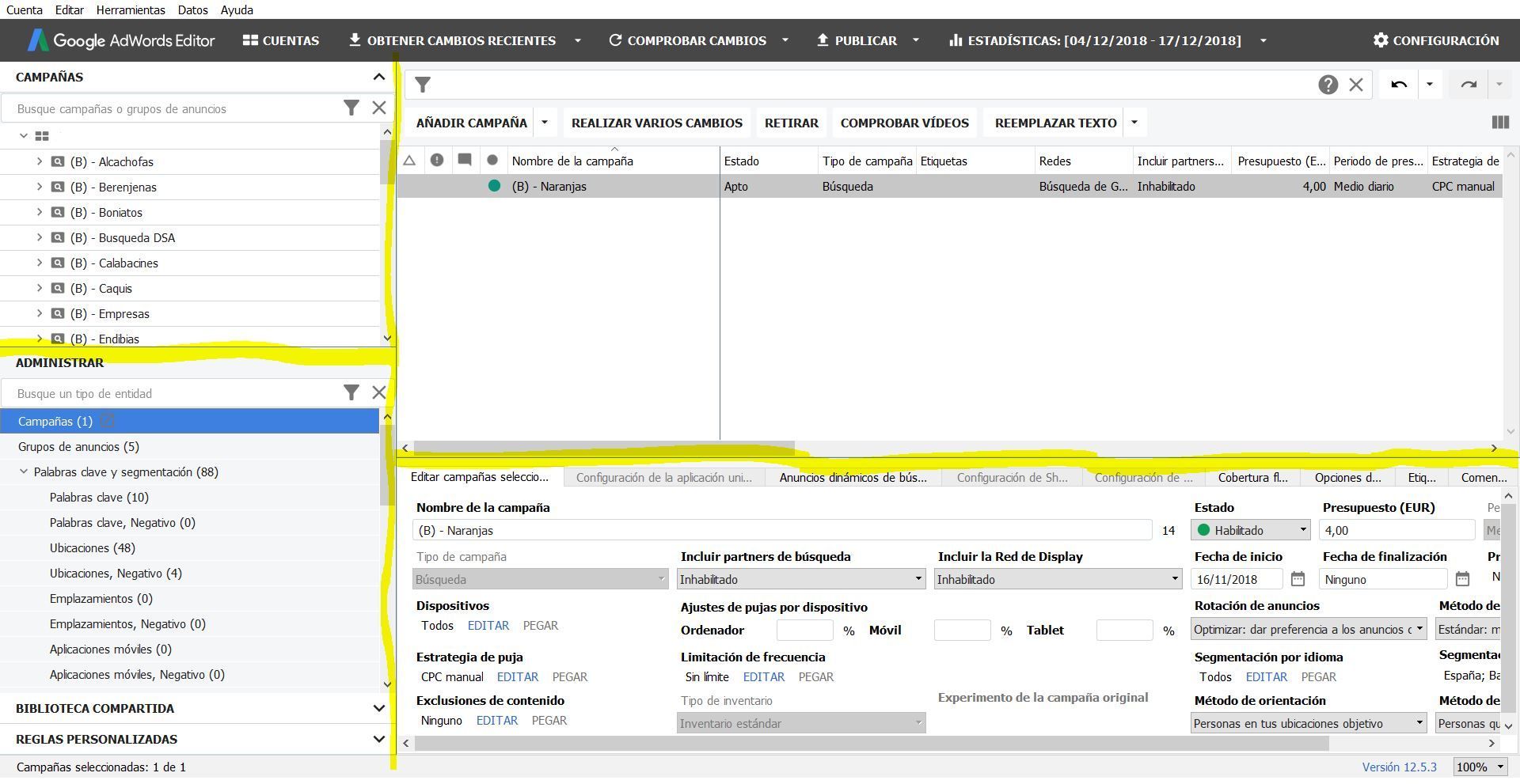 Principales paneles en la interfaz de Editor de Ads