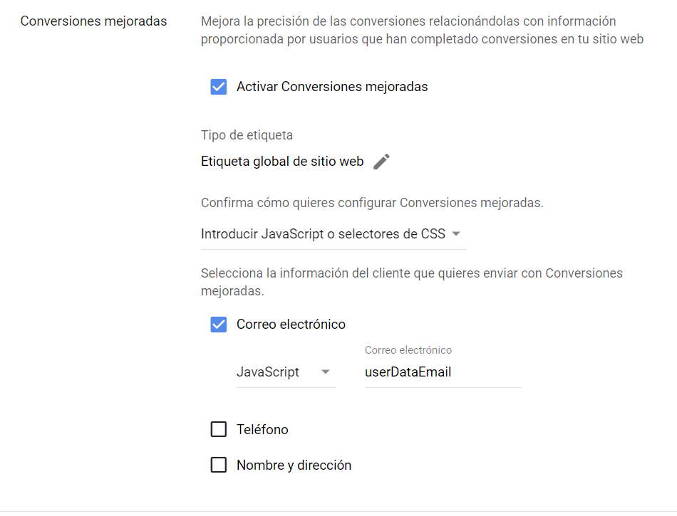  GTAG - Conversiones Mejoradas - Configuración Manual - Javascript