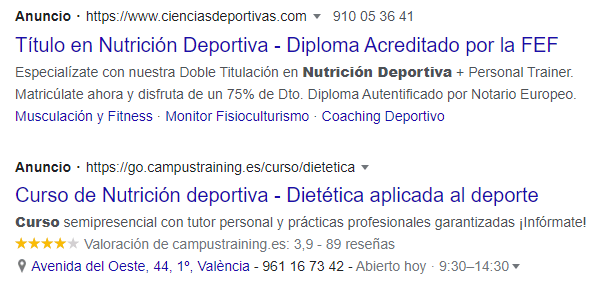 Anuncio de búsqueda en Google Ads 