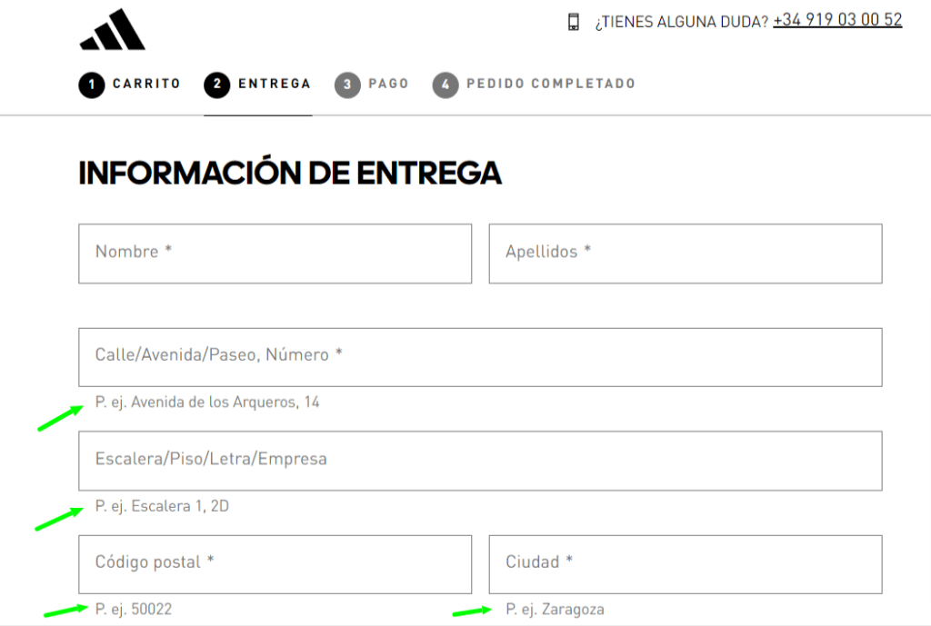 Adidas añade un ejemplo de cómo debe introducirse la información en los campos de dirección