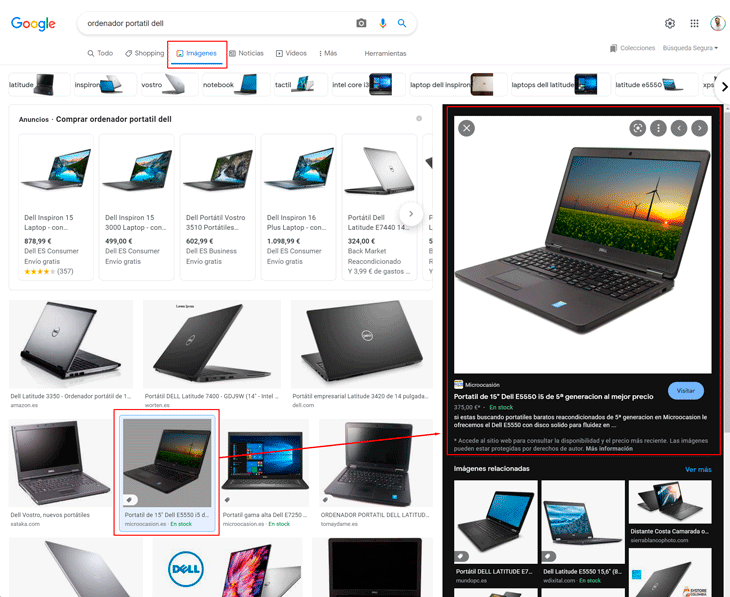 Fichas de producto gratuitas en los resultados de búsqueda de Google Imágenes