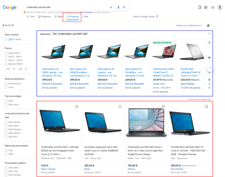 Búsqueda en la pestaña de Google Shopping con resultados de anuncios y fichas de producto orgánicas