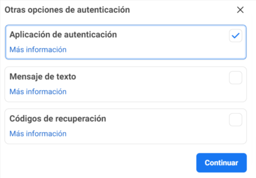 Cambiar método verificación en dos pasos Facebook