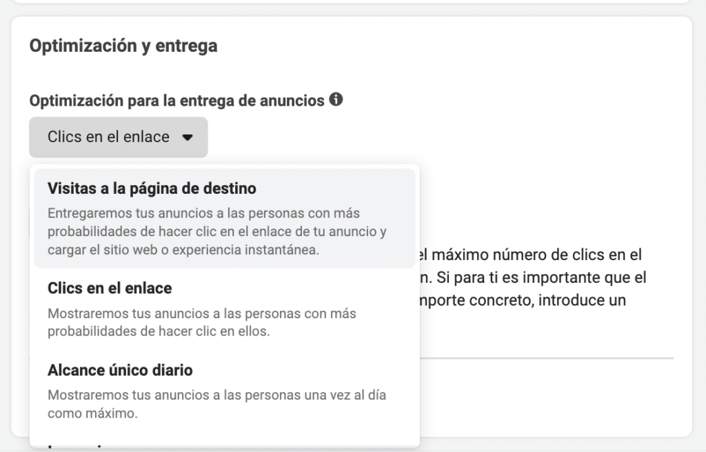 Despliegue de las 4 formas de optimización que nos ofrece ODAX en Meta para la entrega de anuncios