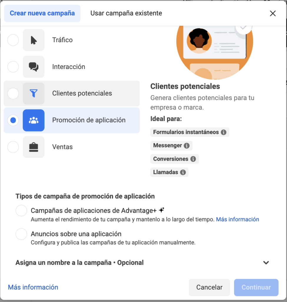 Opciones de configuración de ODAX en Meta cuando el objetivo es la promoción de aplicaciones
