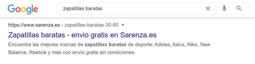 Ejemplo de título y descripción optimizado en la web de Sarenza