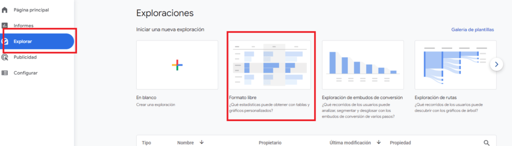 Paso 1: Selecciona formato libre para informe personalizado en GA4
