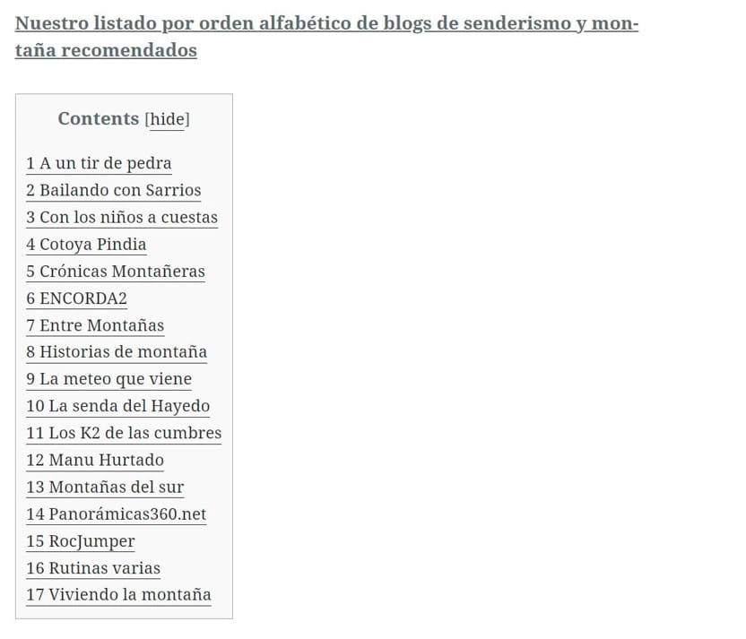 Tabla de contenidos de la web en posición 0 para la consulta "mejores blogs de montaña"