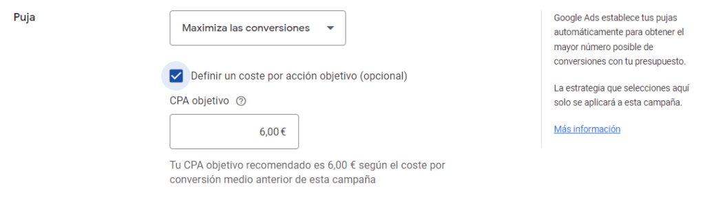 Estrategia de puja de CPA Objetivo en Google Ads