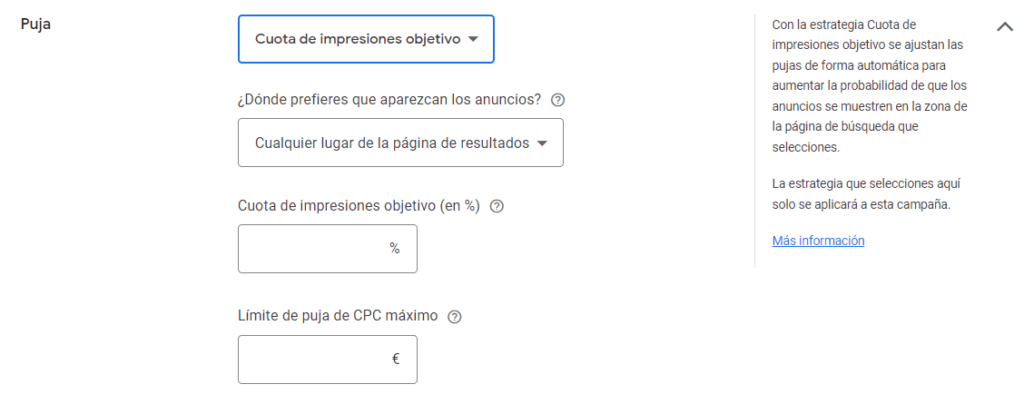 Estrategia de puja de Cuota de Impresiones Objetivo en Google Ads
