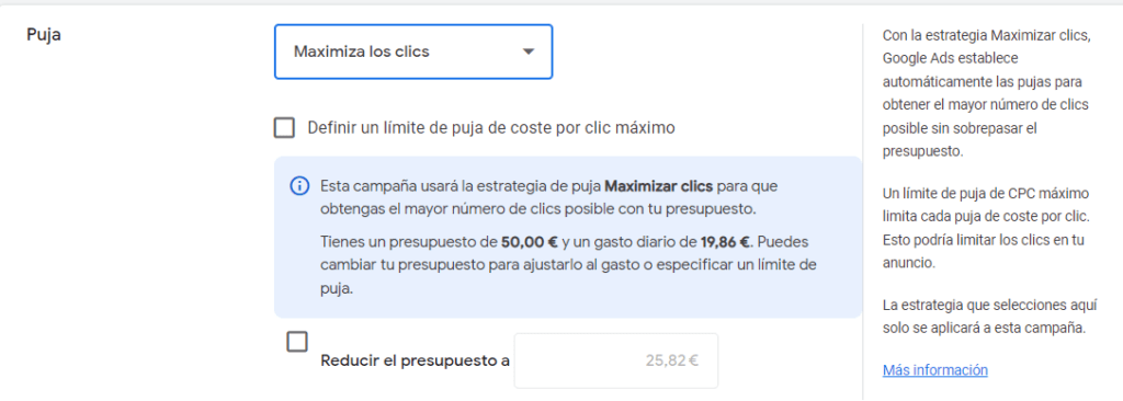 Estrategia de puja de Maximizar Clicks en Google Ads