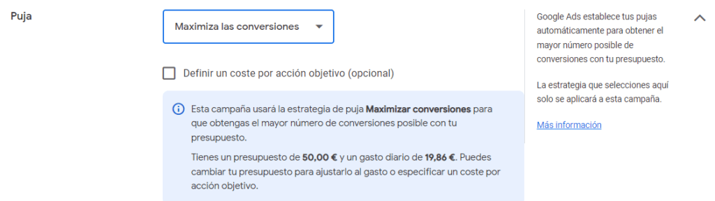 Estrategia de puja de Maximizar Conversiones en Google Ads