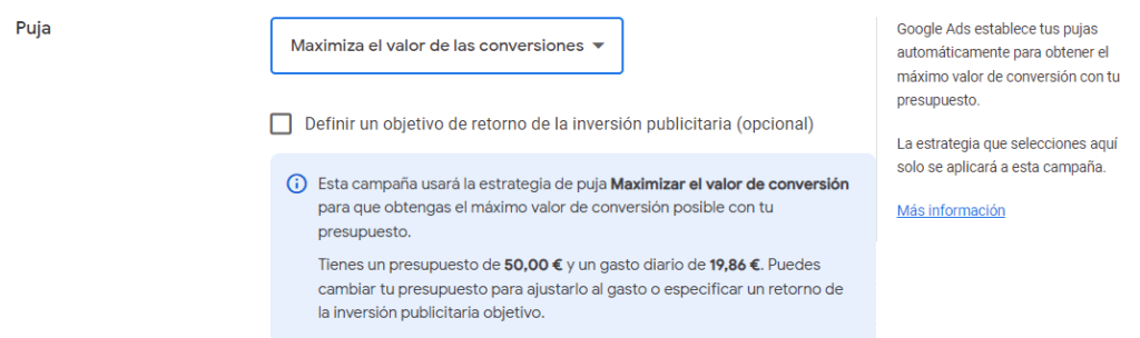 Estrategia de puja de Maximizar Valor de Conversiones en Google Ads