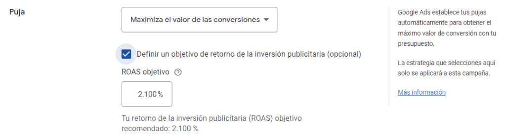 Estrategia de puja de ROAS Objetivo en Google Ads