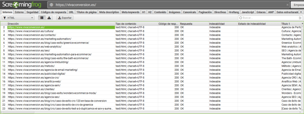 Rastrea todas las urls de tu web con Screaming frog.