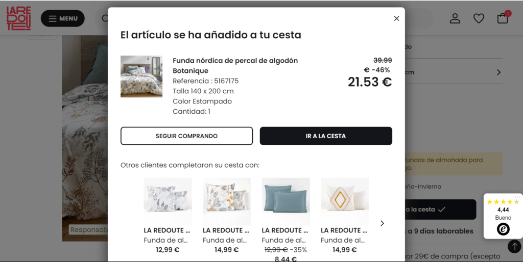 Ejemplo de paquetización en el Checkout de La Redoute