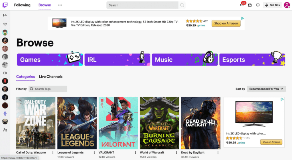Esta imagen muestra un ejemplo de publicidad Amazon DSP link-in en la plataforma de directos Twitch.tv.