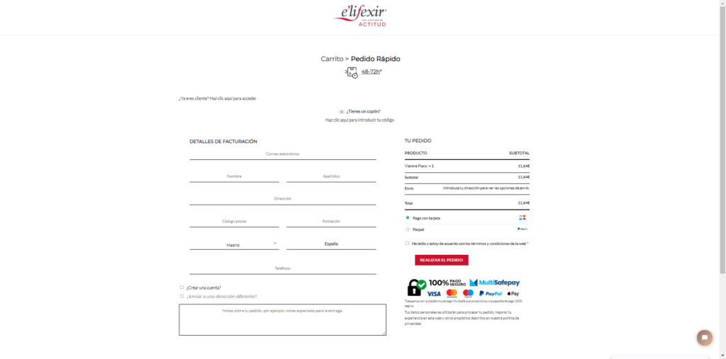 Ejemplo de CheckOut sin puntos de fuga (ni menú, ni footer)
