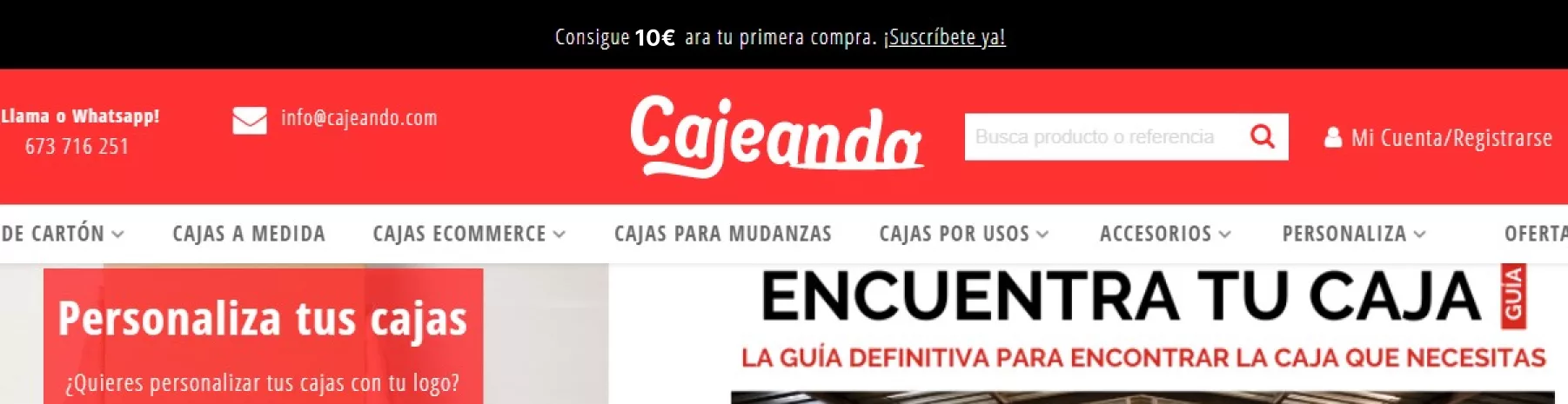 Top bar ofreciendo el incentivo de 10€ por suscribirse.