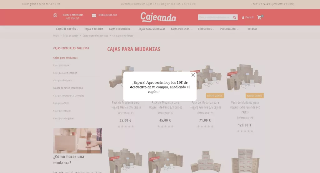 Pop up de Exit Intent para cuando el usuario va a abandonar la página