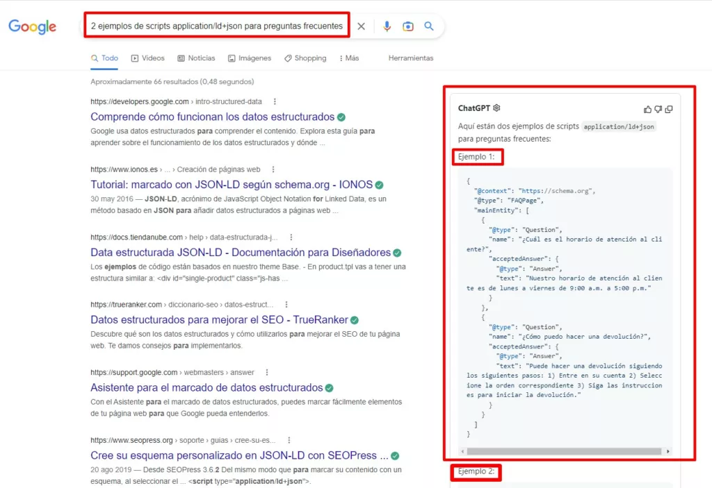 2 ejemplos de scripts application/ld+json para preguntas frecuentes
