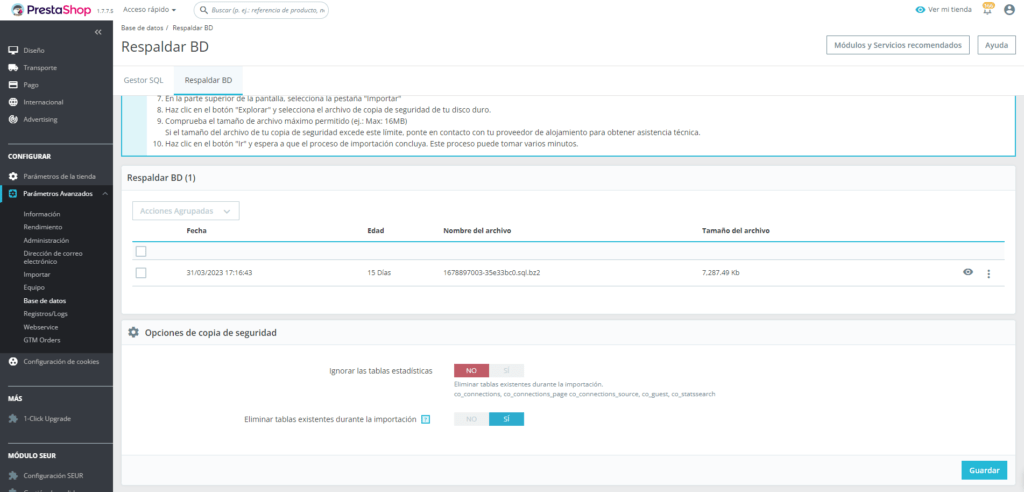 copia de seguridad - mantenimiento prestashop